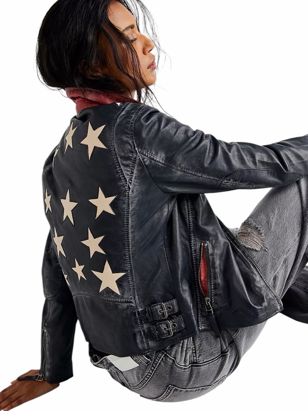 Mauritius Christy Navy Lambskin Leather Moto Jacket White Star Back New with Tag